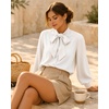 image:imageMANGOPOP Womens Bow Tie Neck Long Sleeve Bodysuit Button Down Blouse Shirt02 White