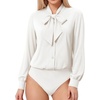 image:imageMANGOPOP Womens Bow Tie Neck Long Sleeve Bodysuit Button Down Blouse Shirt02 White