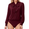 image:imageMANGOPOP Womens Bow Tie Neck Long Sleeve Bodysuit Button Down Blouse ShirtBurgundy