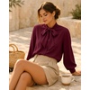 image:imageMANGOPOP Womens Bow Tie Neck Long Sleeve Bodysuit Button Down Blouse ShirtBurgundy