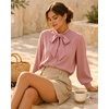 image:imageMANGOPOP Womens Bow Tie Neck Long Sleeve Bodysuit Button Down Blouse ShirtLight Marsala