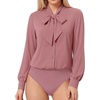 image:imageMANGOPOP Womens Bow Tie Neck Long Sleeve Bodysuit Button Down Blouse ShirtLight Marsala