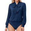 image:imageMANGOPOP Womens Bow Tie Neck Long Sleeve Bodysuit Button Down Blouse ShirtNavy Blue