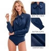 image:imageMANGOPOP Womens Bow Tie Neck Long Sleeve Bodysuit Button Down Blouse ShirtNavy Blue