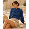 image:imageMANGOPOP Womens Bow Tie Neck Long Sleeve Bodysuit Button Down Blouse ShirtNavy Blue