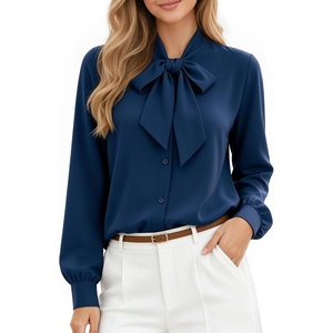 image:imageMANGOPOP Womens Bow Tie Neck Long Sleeve Bodysuit Button Down Blouse ShirtNavy Blue