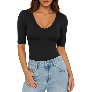 image:imageMANGOPOP Womens Half Sleeve Tops Scoop Neck Shirts Slim Fit Basic T ShirtsBlack