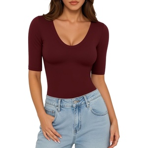 image:imageMANGOPOP Womens Half Sleeve Tops Scoop Neck Shirts Slim Fit Basic T ShirtsBurgundy