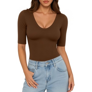 image:imageMANGOPOP Womens Half Sleeve Tops Scoop Neck Shirts Slim Fit Basic T ShirtsCoffee