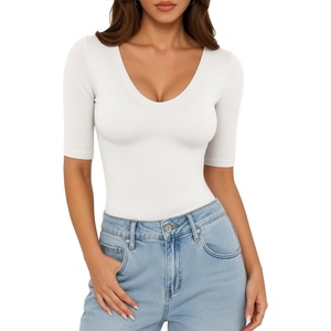 image:imageMANGOPOP Womens Half Sleeve Tops Scoop Neck Shirts Slim Fit Basic T ShirtsCreamy White