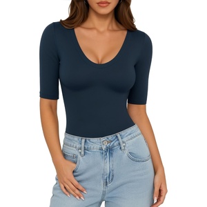 image:imageMANGOPOP Womens Half Sleeve Tops Scoop Neck Shirts Slim Fit Basic T ShirtsDeep Blue