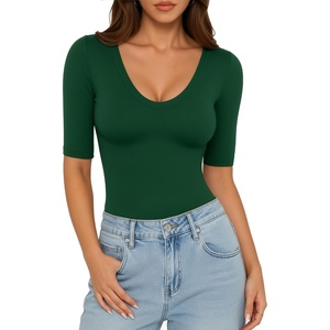 image:imageMANGOPOP Womens Half Sleeve Tops Scoop Neck Shirts Slim Fit Basic T ShirtsDeep Green