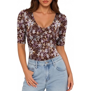 image:imageMANGOPOP Womens Half Sleeve Tops Scoop Neck Shirts Slim Fit Basic T ShirtsFloral Print
