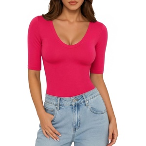 image:imageMANGOPOP Womens Half Sleeve Tops Scoop Neck Shirts Slim Fit Basic T ShirtsRose Pink