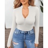 image:imageMANGOPOP Long Sleeve Body Suit Mock Turtle Neck Zip Up Bodysuit for Women Ribbed Deep V Sexy Bodysuit Shirts01long Sleeve White