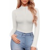 image:imageMANGOPOP Long Sleeve Body Suit Mock Turtle Neck Zip Up Bodysuit for Women Ribbed Deep V Sexy Bodysuit Shirts01long Sleeve White