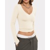 image:imageMANGOPOP Long Sleeve Shirts for Women Fall V Neck T Shirt Slim Fitted TeesA Creamy White