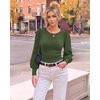 image:imageMANGOPOP Womens Puff Long Sleeve Sweater Bodysuit Crew Neck TopsGreen