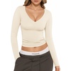image:imageMANGOPOP Long Sleeve Shirts for Women Fall V Neck T Shirt Slim Fitted TeesA Creamy White