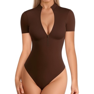 image:imageMANGOPOP Long Sleeve Body Suit Mock Turtle Neck Zip Up Bodysuit for Women Ribbed Deep V Sexy Bodysuit Shirts06short Sleeve Coffee