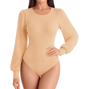 image:imageMANGOPOP Womens Puff Long Sleeve Sweater Bodysuit Crew Neck TopsBeige