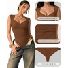 image:imageMANGOPOP Womens Mesh Ruched Sweetheart Neck Sleeveless BodysuitBrown
