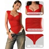 image:imageMANGOPOP Womens Mesh Ruched Sweetheart Neck Sleeveless BodysuitRed