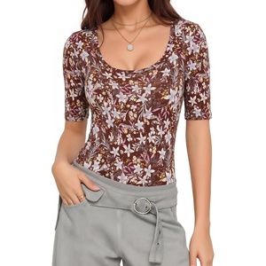 image:imageMANGOPOP Sexy Half Sleeve Tops for Women Scoop Neck Slim Fitted Casual Going Out T Shirt Tops 2026 TrendyFloral Print