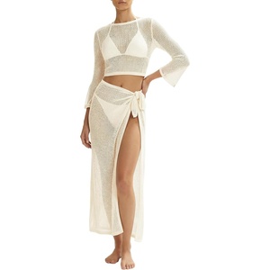 image:imageMANGOPOP Womens 2 Piece Swimsuit Coverup Crochet Bathing Suit Cover Up SetAcream White