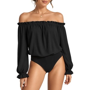 image:imageMANGOPOP Womens Ruffle Off the Shoulder Bodysuit Long Sleeve TopsBlack