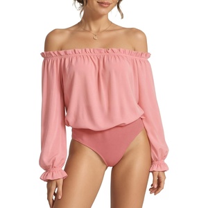 image:imageMANGOPOP Womens Ruffle Off the Shoulder Bodysuit Long Sleeve TopsDusty Pink
