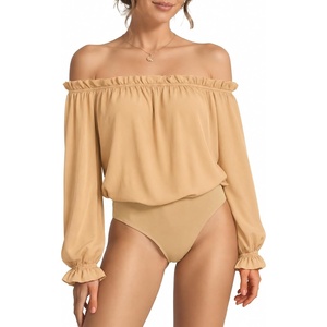 image:imageMANGOPOP Womens Ruffle Off the Shoulder Bodysuit Long Sleeve TopsKhaki