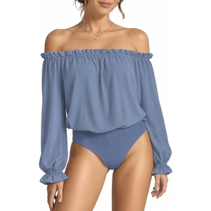 image:imageMANGOPOP Womens Ruffle Off the Shoulder Bodysuit Long Sleeve TopsMisty Blue