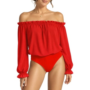 image:imageMANGOPOP Womens Ruffle Off the Shoulder Bodysuit Long Sleeve TopsRed