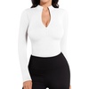 image:imageMANGOPOP Long Sleeve Body Suit Mock Turtle Neck Zip Up Bodysuit for Women Ribbed Deep V Sexy Bodysuit ShirtsWhiteMocha