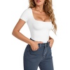 image:imageMANGOPOP Womens Square Neck Bodysuit Shirt Long Sleeve Short Sleeve Tops01 White Short Sleeve
