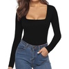 image:imageMANGOPOP Womens Square Neck Bodysuit Shirt Long Sleeve Short Sleeve Tops03 Black Fleece Lined