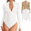 image:imageMANGOPOP Long Sleeve Body Suit Mock Turtle Neck Zip Up Bodysuit for Women Ribbed Deep V Sexy Bodysuit ShirtsWhiteMocha
