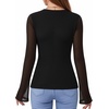 image:imageMANGOPOP Womens Button Down Shirts Trumpet Sleeve Blouse Ruched Mesh TopsBlack