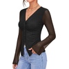 image:imageMANGOPOP Womens Button Down Shirts Trumpet Sleeve Blouse Ruched Mesh TopsBlack