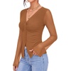 image:imageMANGOPOP Womens Button Down Shirts Trumpet Sleeve Blouse Ruched Mesh TopsBrown