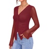 image:imageMANGOPOP Womens Button Down Shirts Trumpet Sleeve Blouse Ruched Mesh TopsBurgundy