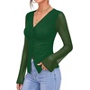 image:imageMANGOPOP Womens Button Down Shirts Trumpet Sleeve Blouse Ruched Mesh TopsDeep Green