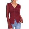 image:imageMANGOPOP Womens Button Down Shirts Trumpet Sleeve Blouse Ruched Mesh TopsBurgundy