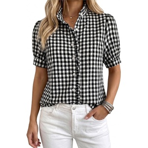 image:imageMANGOPOP Button Down Shirts for Women Puff Short Sleeve BlousesCheckered
