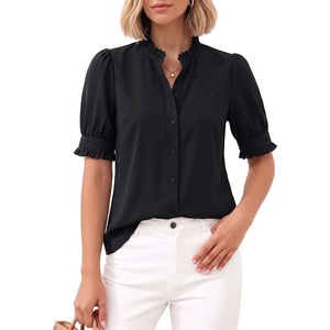 image:imageMANGOPOP Button Down Shirts for Women Puff Short Sleeve Ruffle BlouseBblack