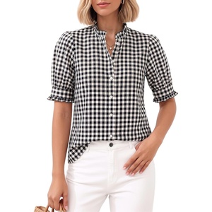 image:imageMANGOPOP Button Down Shirts for Women Puff Short Sleeve Ruffle BlouseBlack and White Checkered