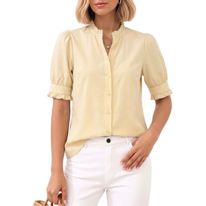 image:imageMANGOPOP Button Down Shirts for Women Puff Short Sleeve Ruffle BlouseYellow