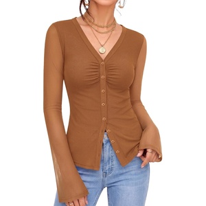 image:imageMANGOPOP Womens Button Down Shirts Trumpet Sleeve Blouse Ruched Mesh TopsBrown