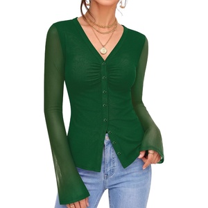 image:imageMANGOPOP Womens Button Down Shirts Trumpet Sleeve Blouse Ruched Mesh TopsDeep Green